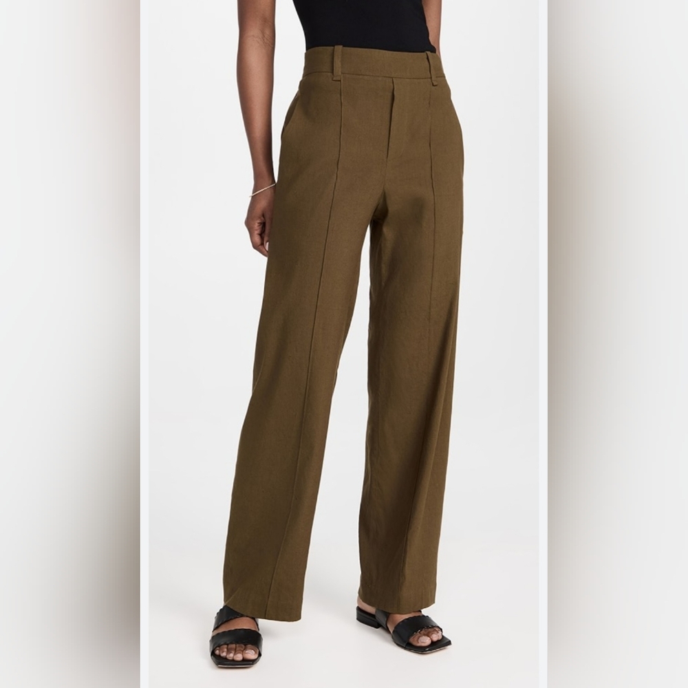 Vince High Waist Pull-on Linen Trousers in Olive Green. Size S